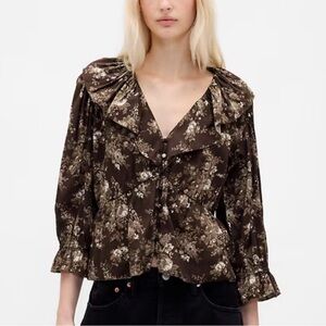 Gap Ruffle Collar V-Neck Top NWT Cotton Floral Print Browns Cottagecore L